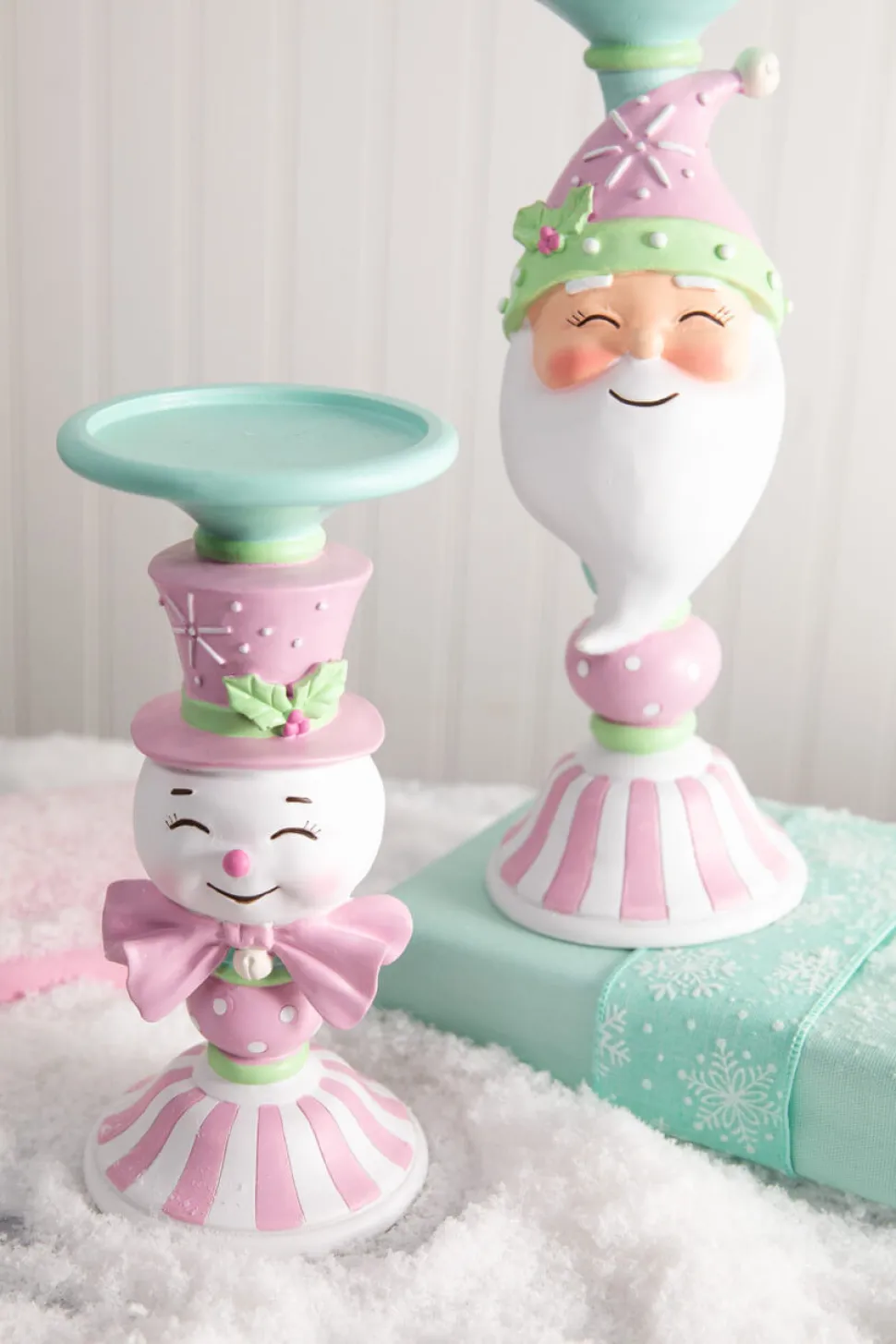 12” Resin Candy Santa Candle Stand - Peppermint