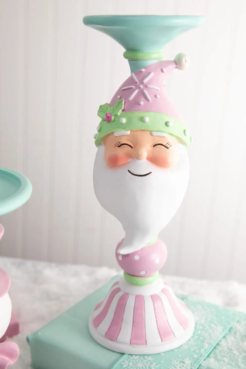 12” Resin Candy Santa Candle Stand - Peppermint