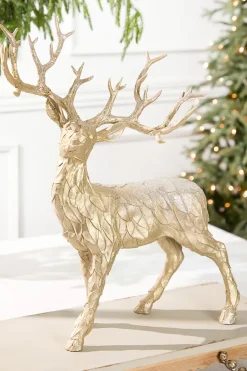 22" Resin Glitter Standing Champagne Leaf Deer
