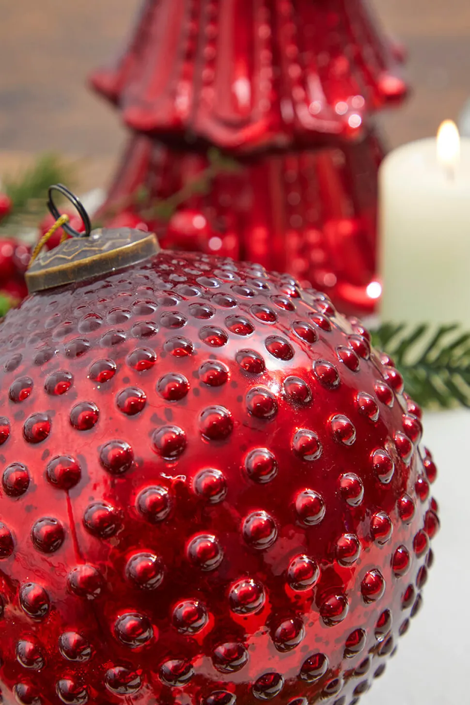 6" Round Hobnail Ruby Mercury Glass Ornament