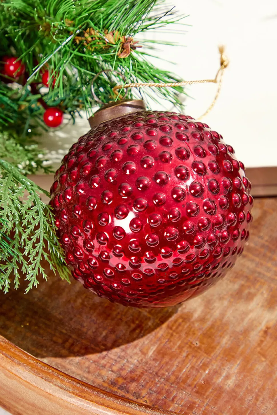 4" Round Hobnail Ruby Mercury Glass Ornament