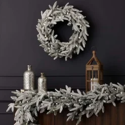 9' Royal Oaks Flocked Plug-In Garland with Warm White LED Lights