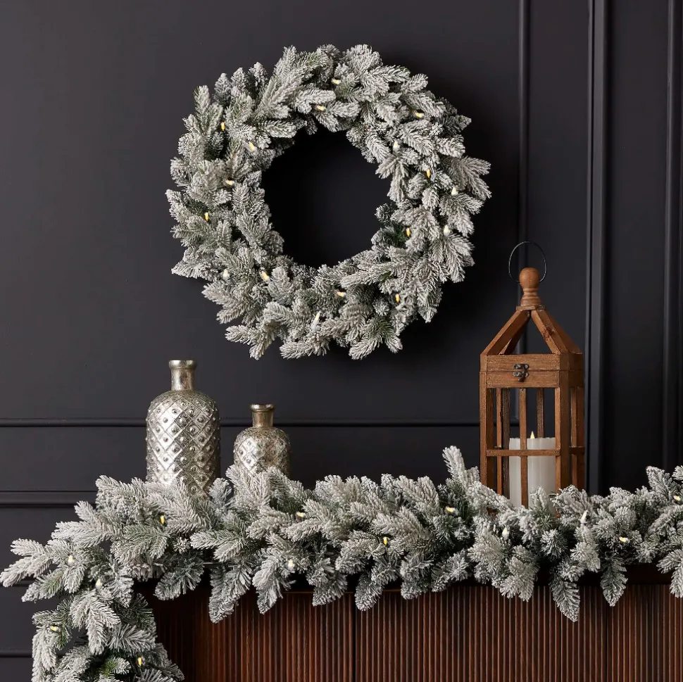 24" Shadow Woods Flocked Spruce Wreath with Warm White LED Lights