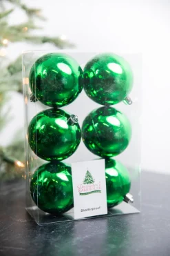 3.1” Shiny Holly Green Shatterproof Ornaments - Set of 6