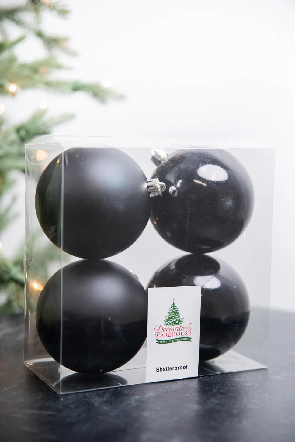 3.9” Shiny/Matte Black Shatterproof Ornaments - Set of 4