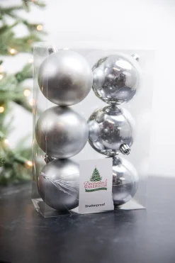 3.1” Shiny/Matte Silver Shatterproof Ornaments - Set of 6