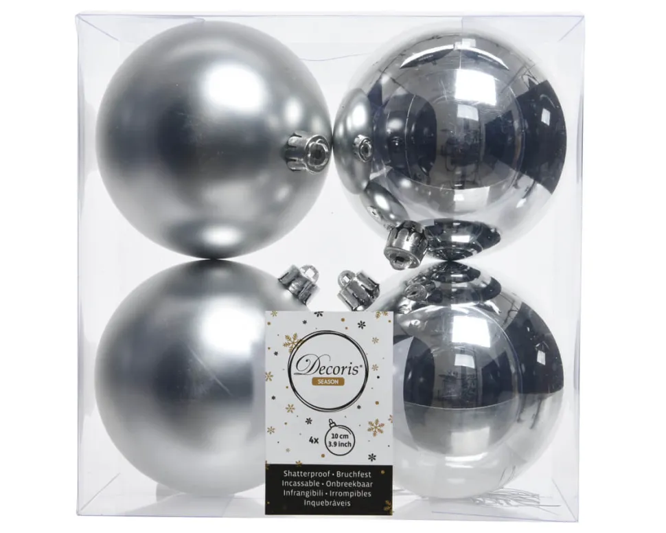 3.9” Shiny/Matte Silver Shatterproof Ornaments - Set of 4