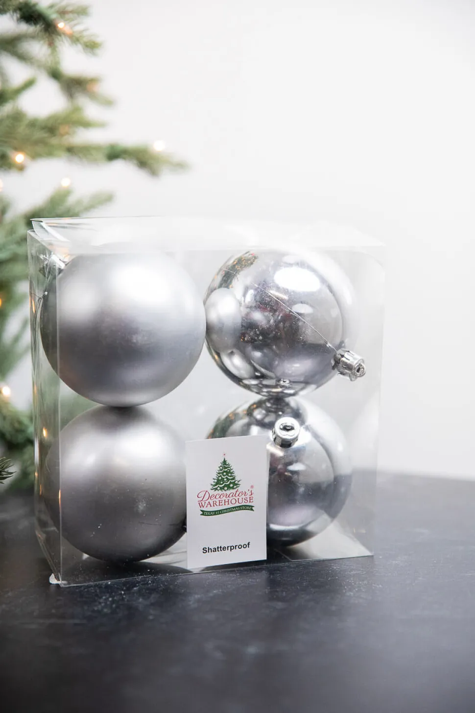 3.9” Shiny/Matte Silver Shatterproof Ornaments - Set of 4