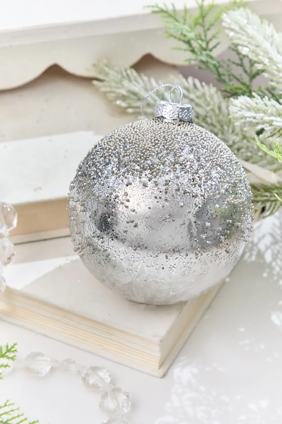 4" - 4.5" Silver Beaded Glass Ornament