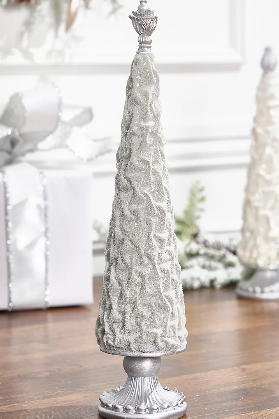 19" Silver Gray Flocked Resin Tree