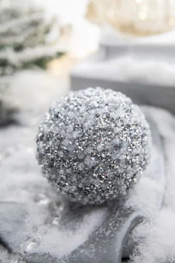 4” Silver Ice & Sequin Ball Ornament