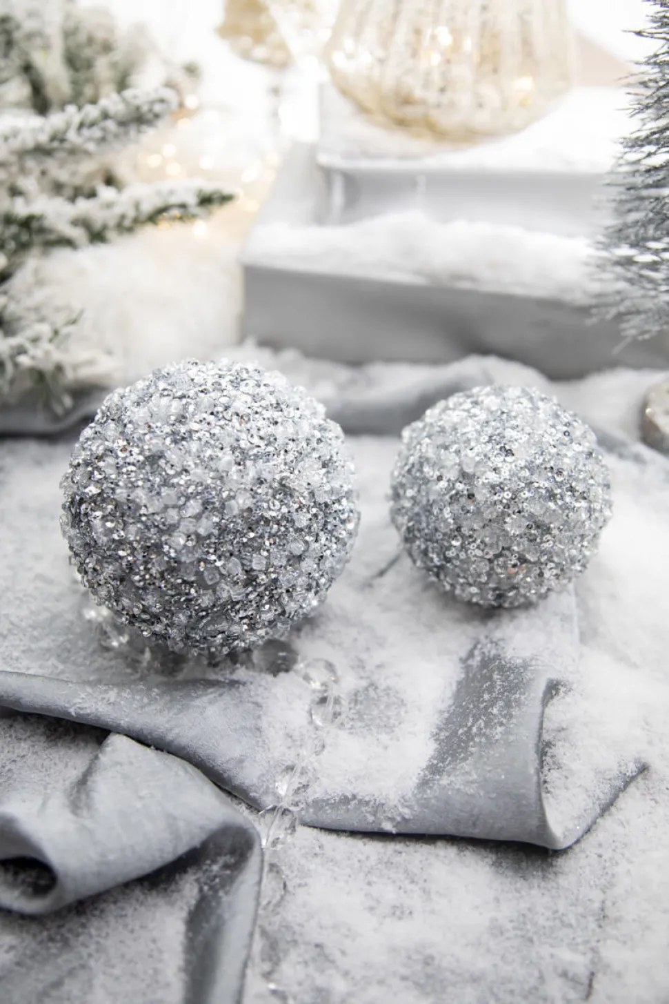 4” Silver Ice & Sequin Ball Ornament
