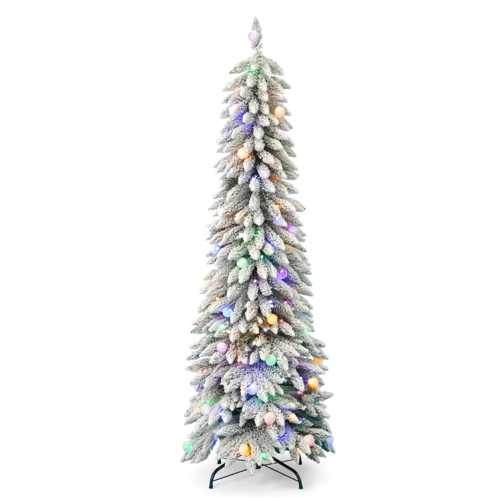 7' Slim Snow Kissed Pine Tree with 250 Multicolor LED Lights
