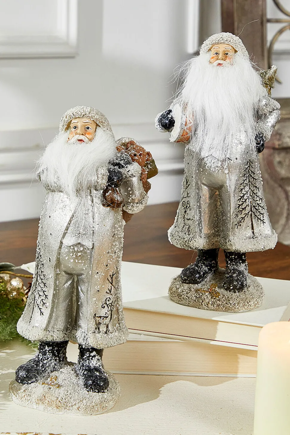 Small Resin Silver Snow Santa Figurine