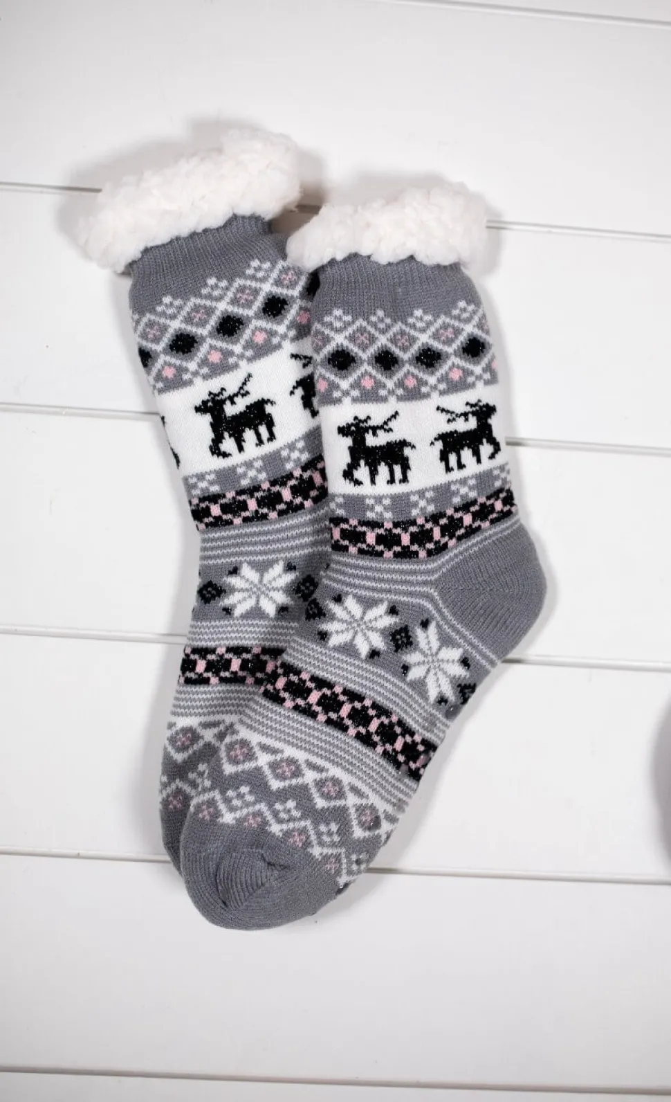 Snowflake Sparkle Deer Thermal Slipper Socks with Non-Slip Grippers