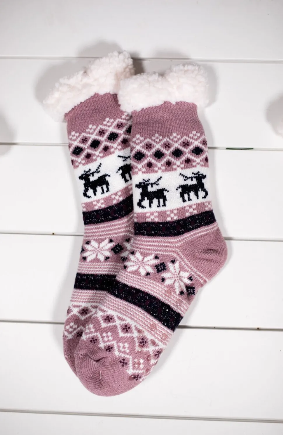 Snowflake Sparkle Deer Thermal Slipper Socks with Non-Slip Grippers