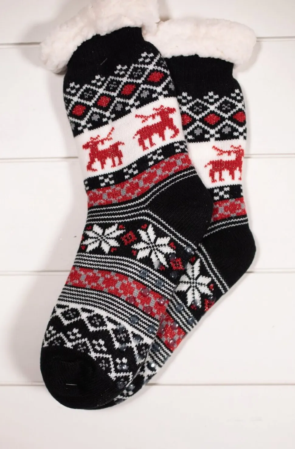 Snowflake Sparkle Deer Thermal Slipper Socks with Non-Slip Grippers