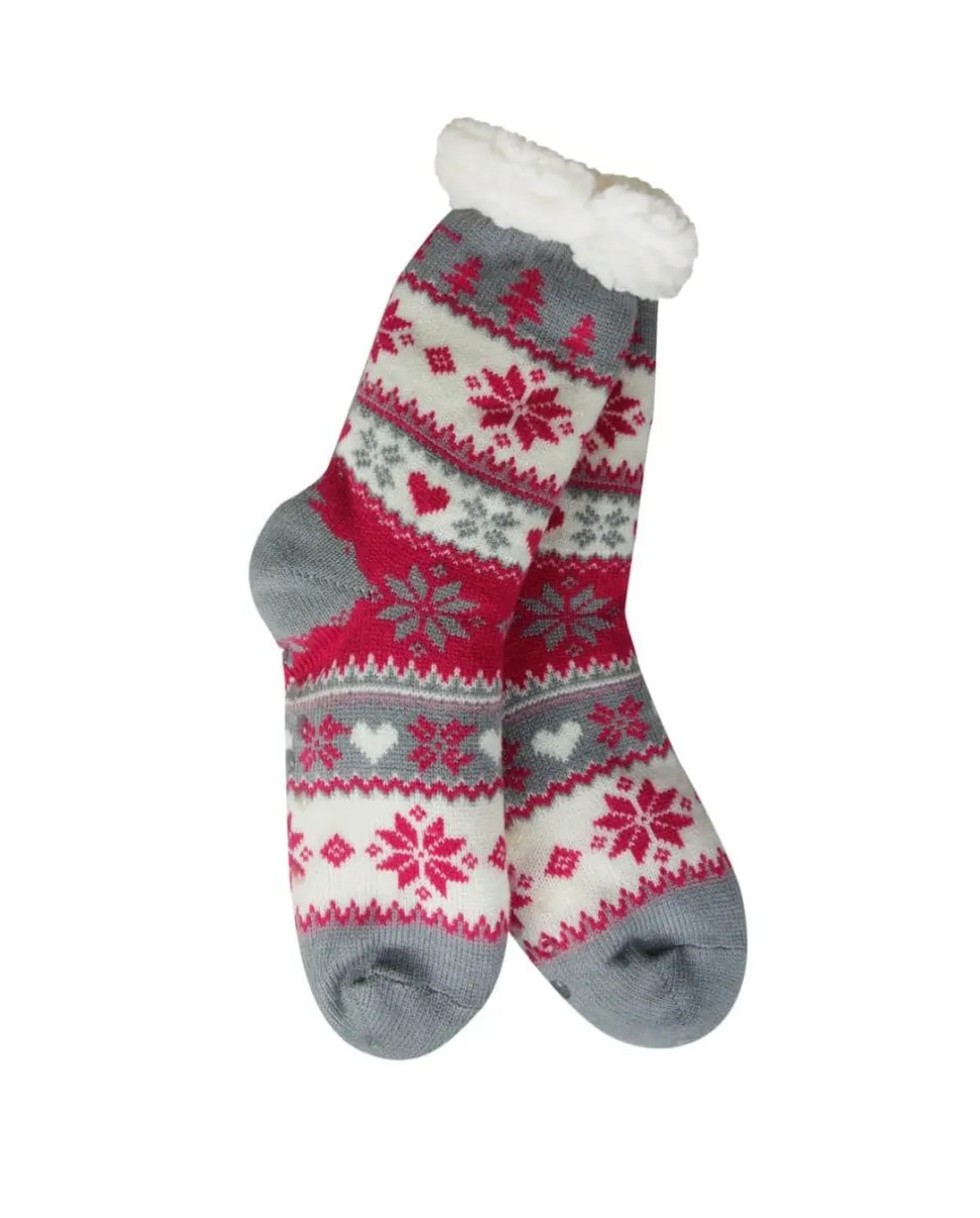 Snowflake, Tree & Heart Knit Thermal Slipper Socks with Non-Slip Grippers
