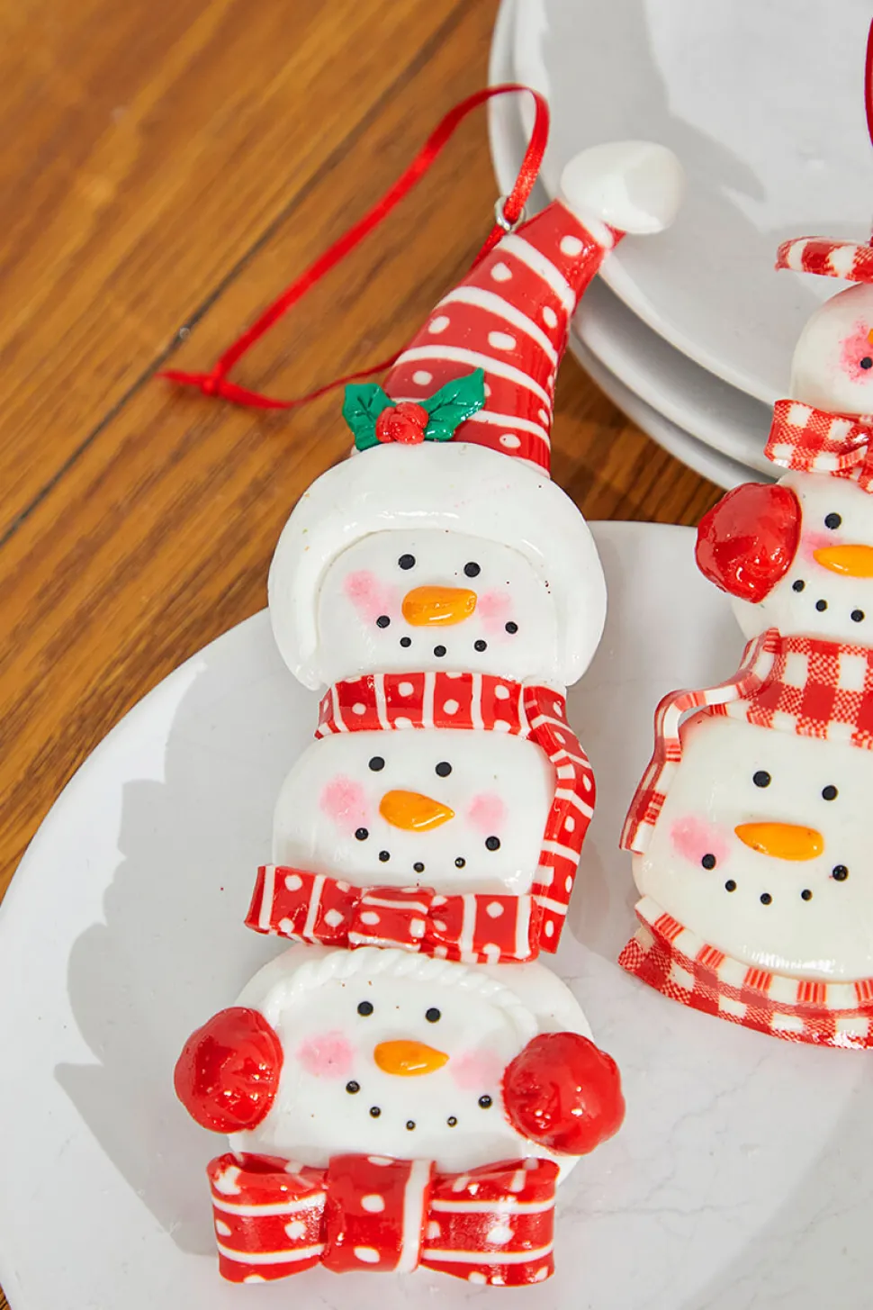6" Snowman with Plaid or Polka Dot Hat Resin Ornament