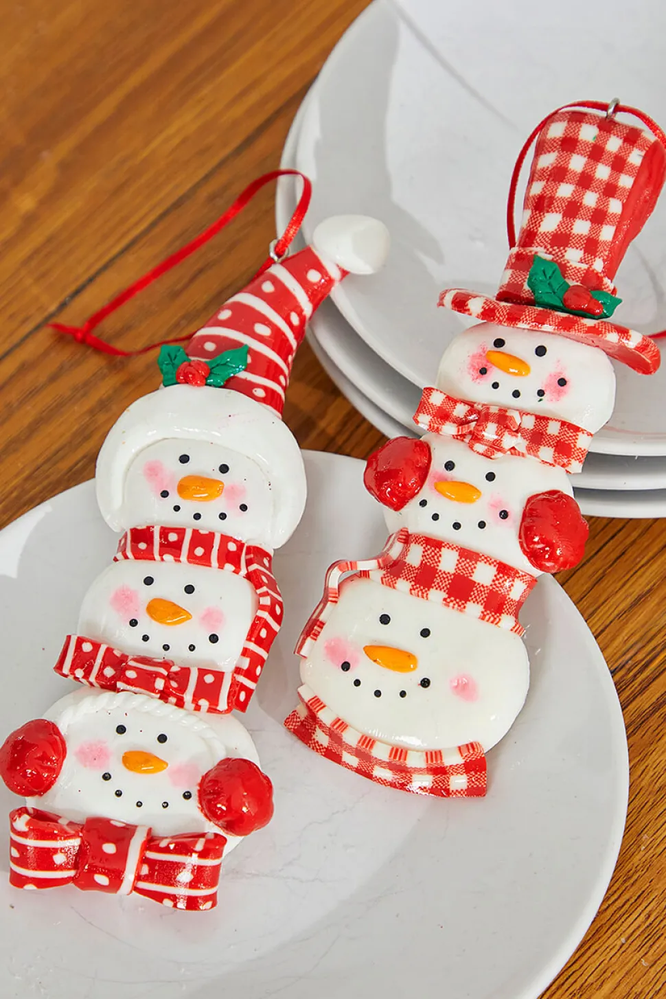 6" Snowman with Plaid or Polka Dot Hat Resin Ornament