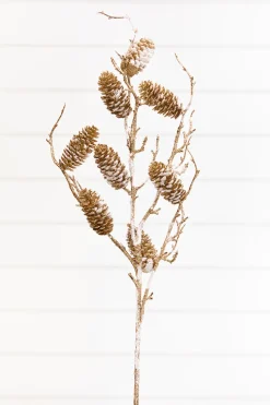 36" Snowy Golden Pinecone Spray