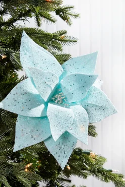 22" Teal with Sparkles Frosted Poinsettia Stem