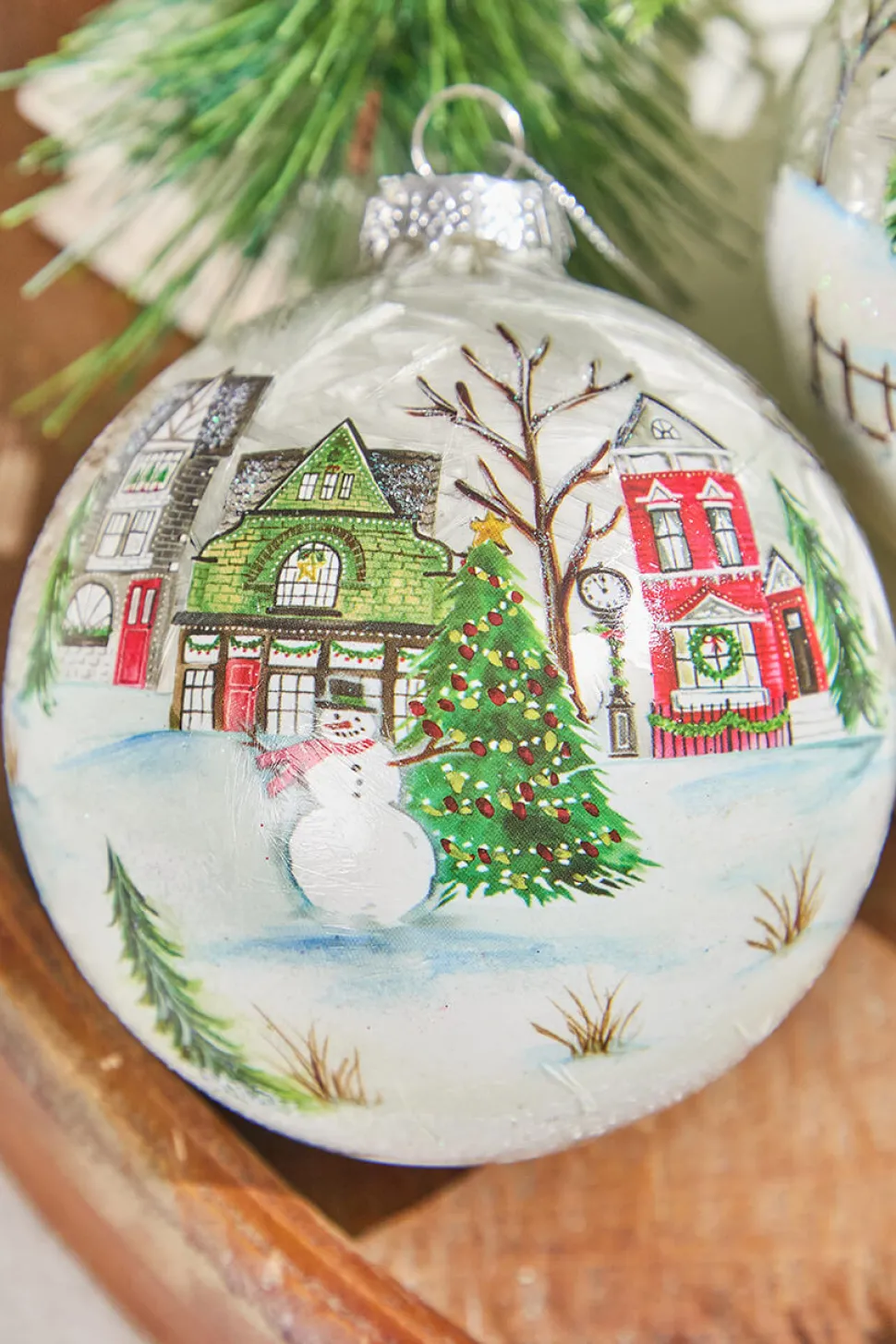 4" Village Scene Glass Ornament