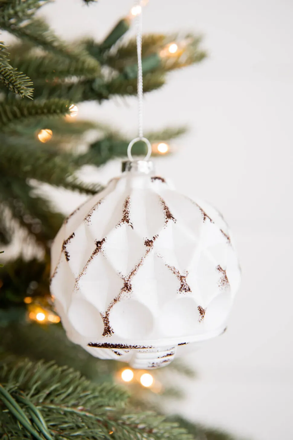 4” White and Black Glass Dotted/Striped/Quilted Ornament