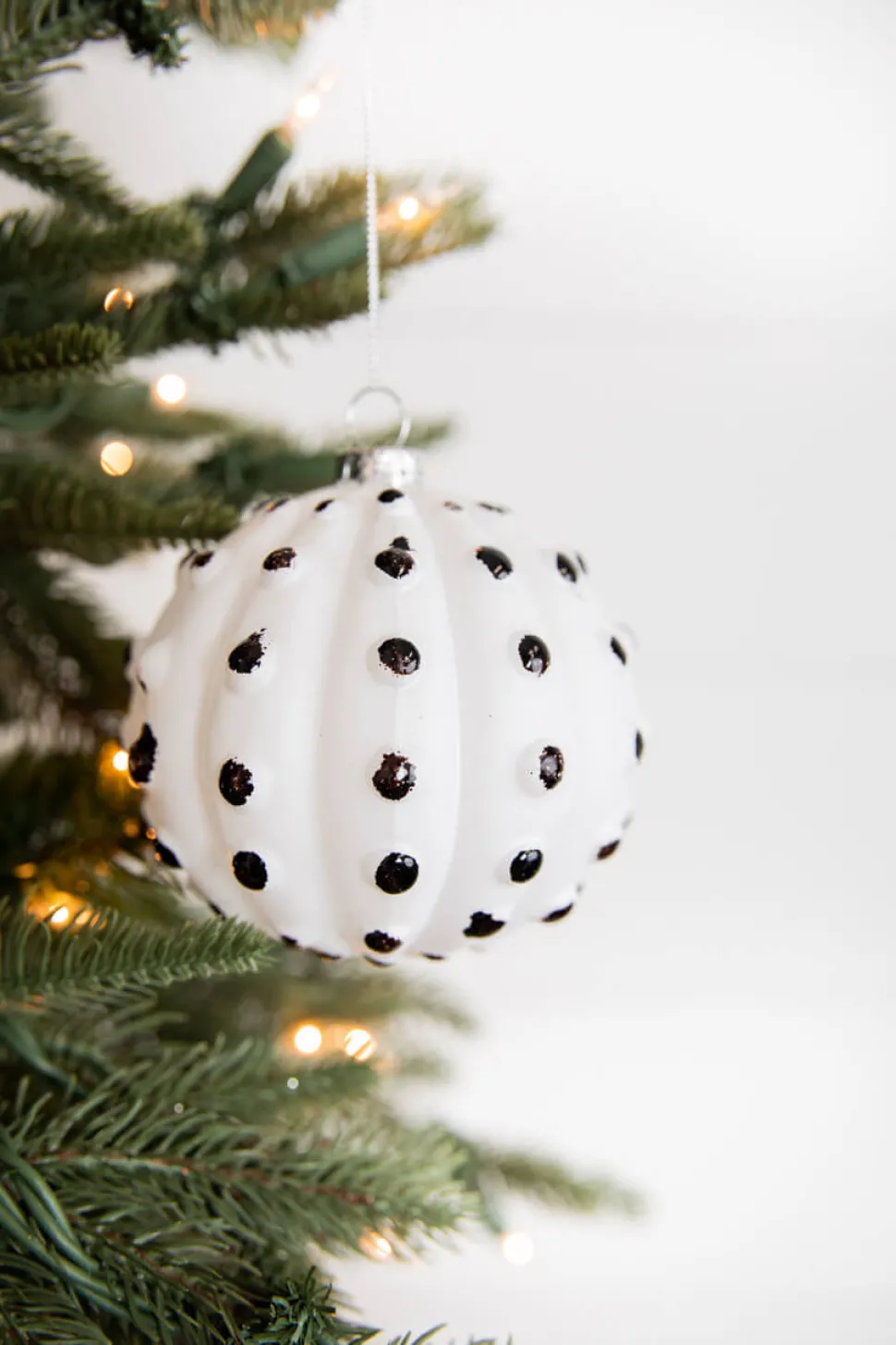 4” White and Black Glass Dotted/Striped/Quilted Ornament