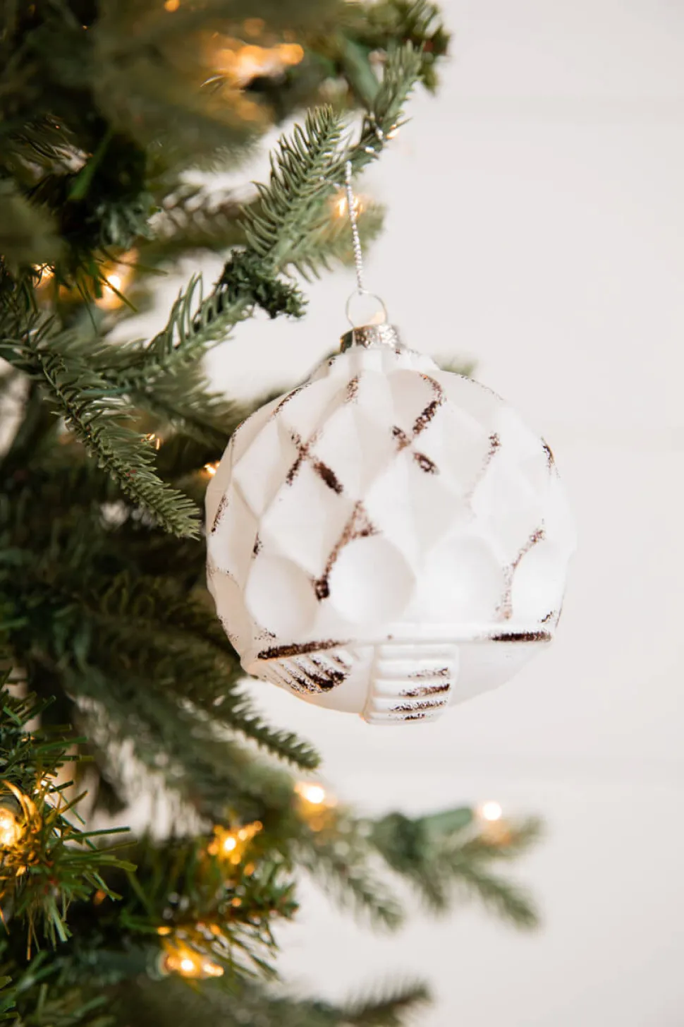 4” White and Black Glass Dotted/Striped/Quilted Ornament