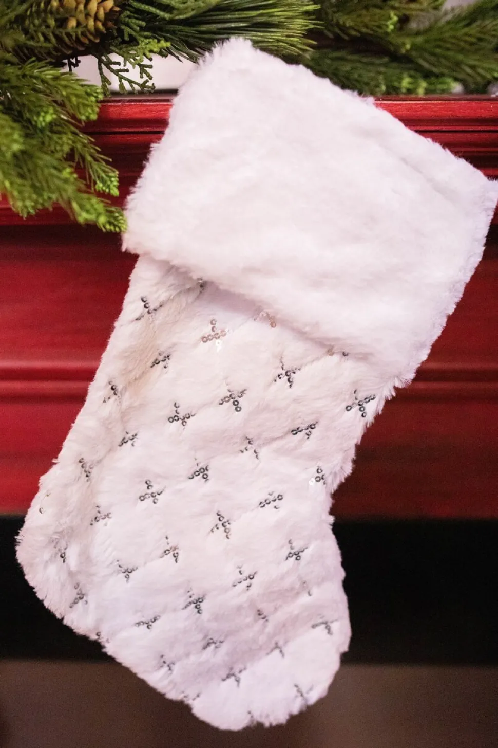 20” White Fur Stocking with Silver Accents