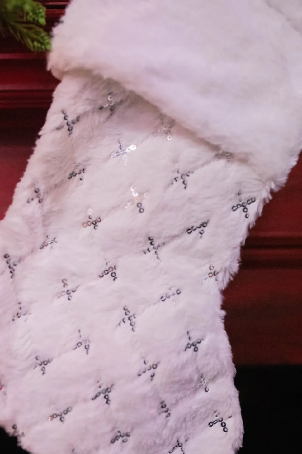 20” White Fur Stocking with Silver Accents