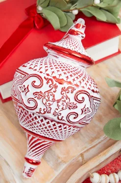 10" White Red Matte Metallic Finial Ornament