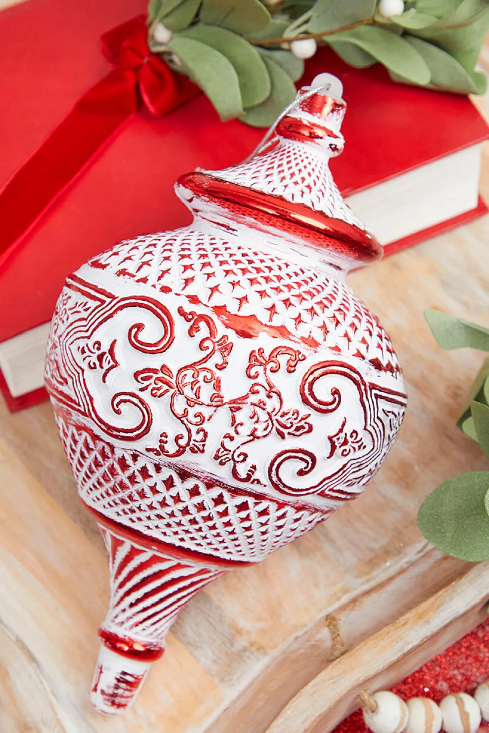 10" White Red Matte Metallic Finial Ornament