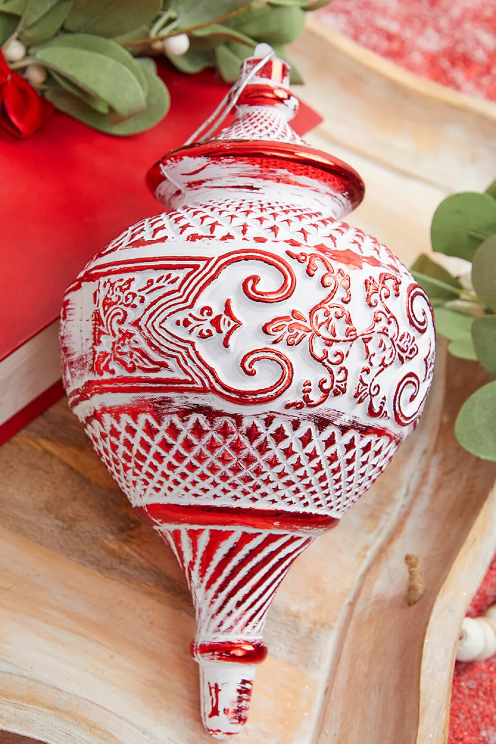 10" White Red Matte Metallic Finial Ornament