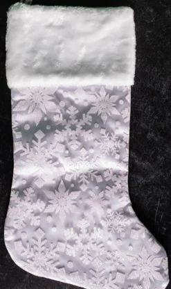 20” White Snowflake Glitter Print on Sheer Organza Stocking