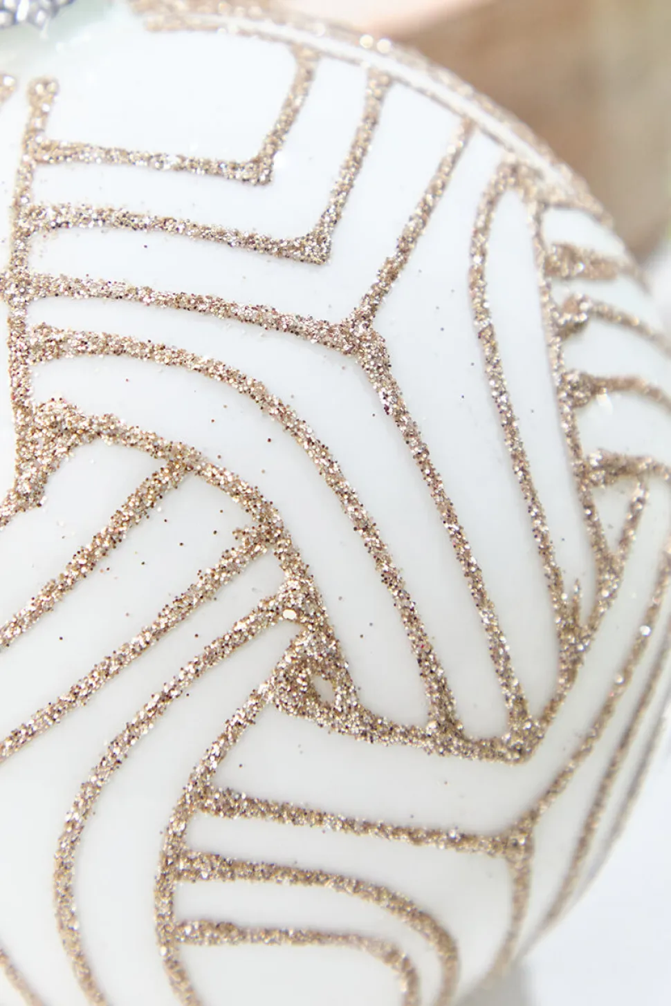 5" - 6" White With Champagne Glitter Art Deco Glass Ornament