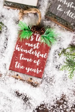 5” Wood Holiday Sign Ornament with Pinecone Accent