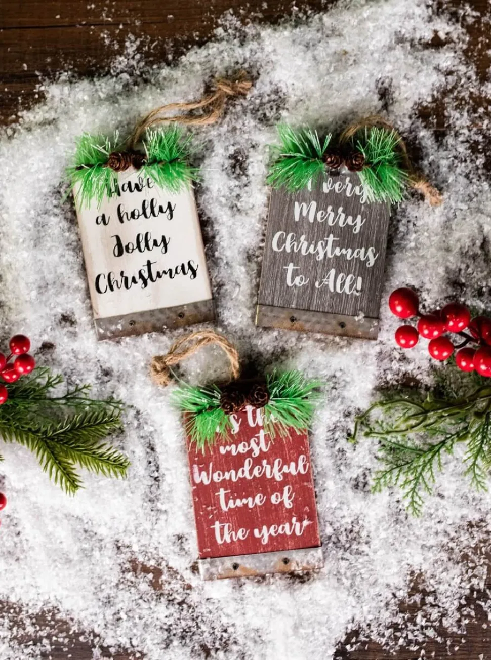 5” Wood Holiday Sign Ornament with Pinecone Accent