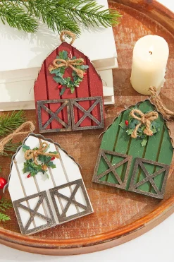 6" Wood & Metal Holiday Barn Ornaments