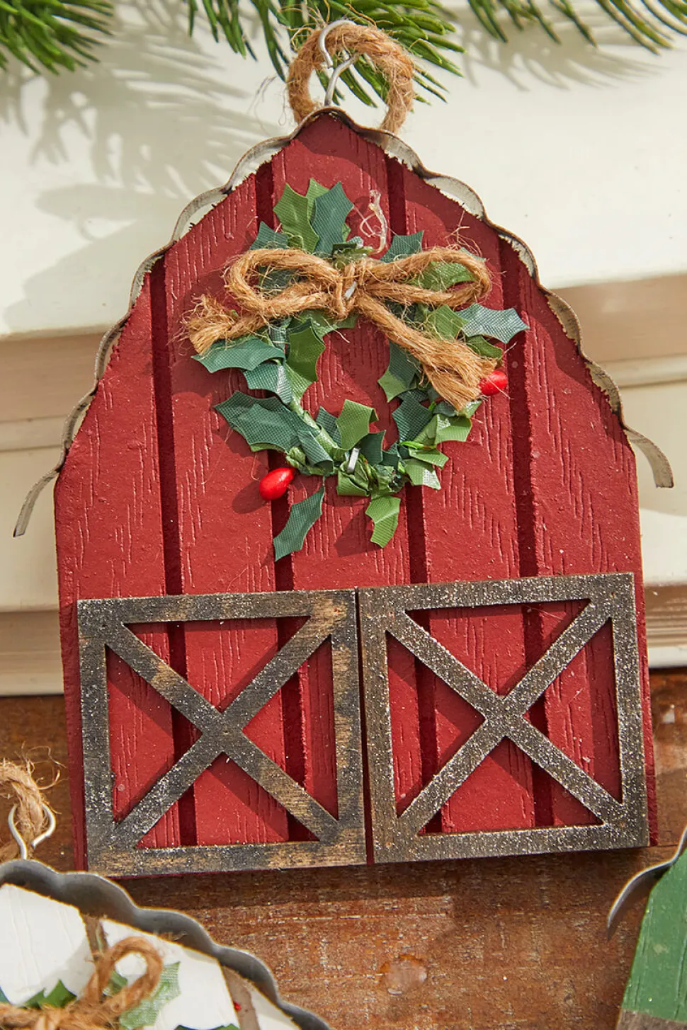 6" Wood & Metal Holiday Barn Ornaments