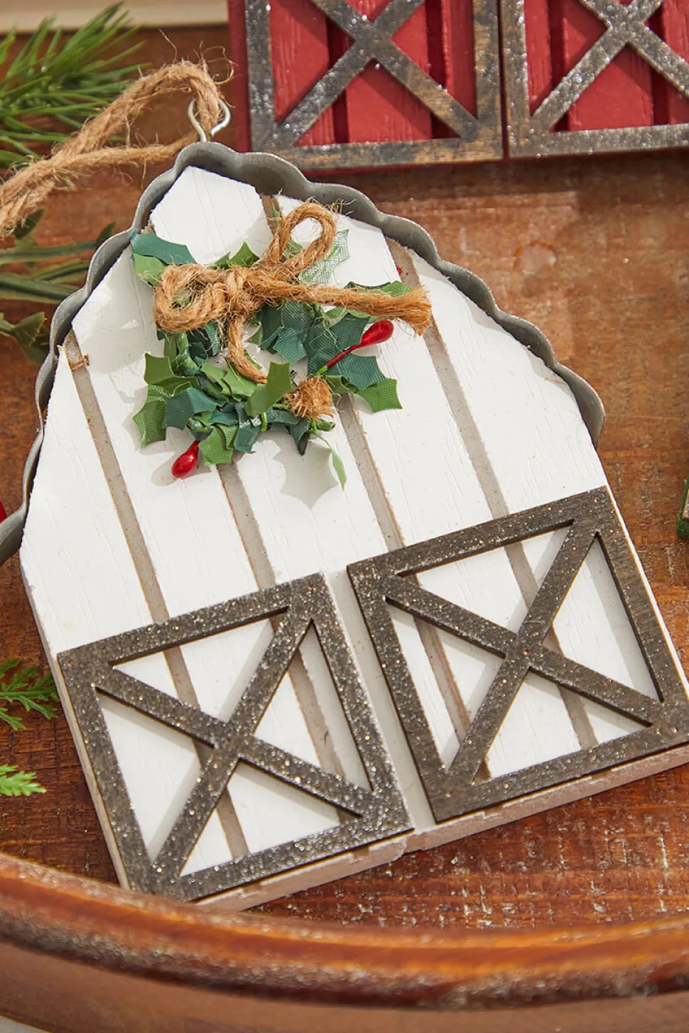6" Wood & Metal Holiday Barn Ornaments