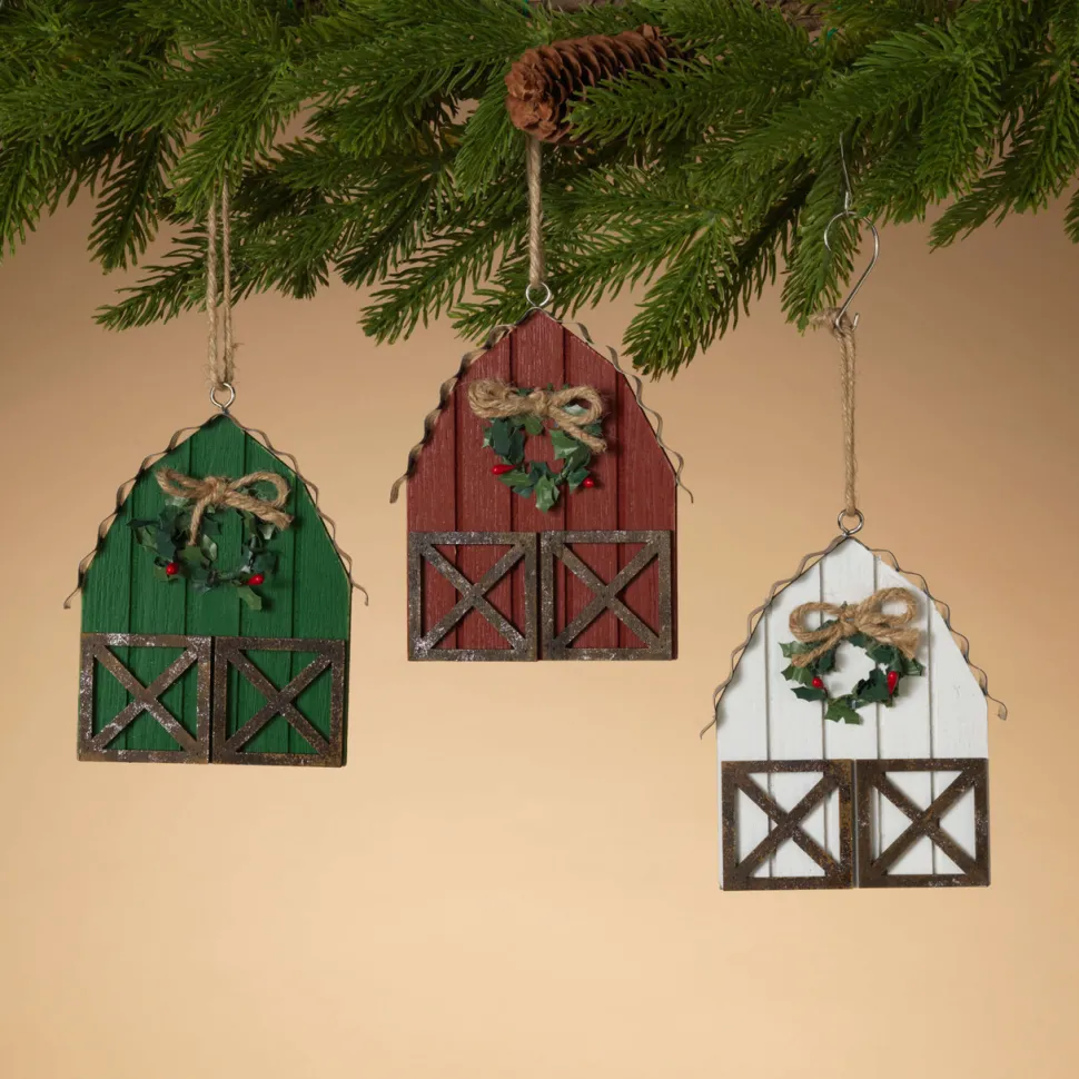 6" Wood & Metal Holiday Barn Ornaments