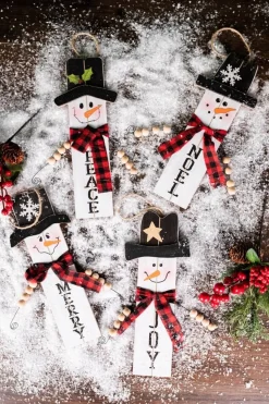11.8” Wood Snowman with Buffalo Check Plaid Scarf Ornament