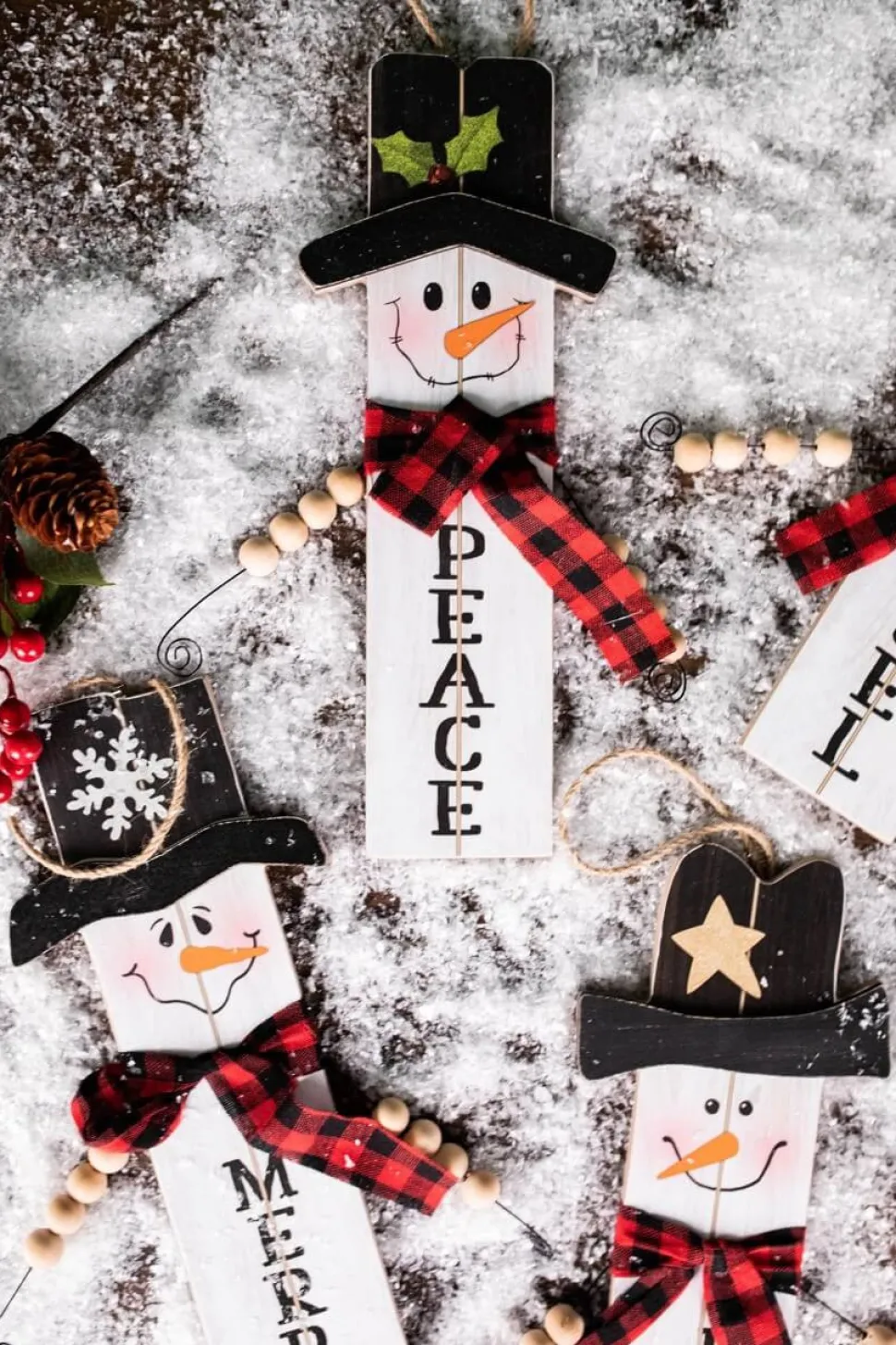 11.8” Wood Snowman with Buffalo Check Plaid Scarf Ornament
