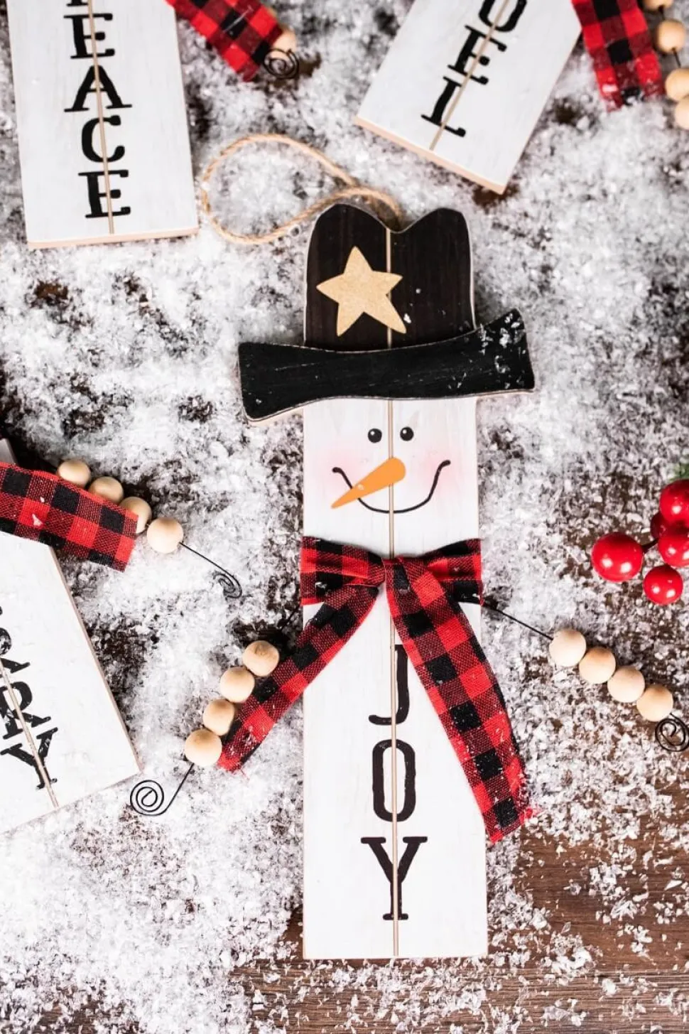 11.8” Wood Snowman with Buffalo Check Plaid Scarf Ornament