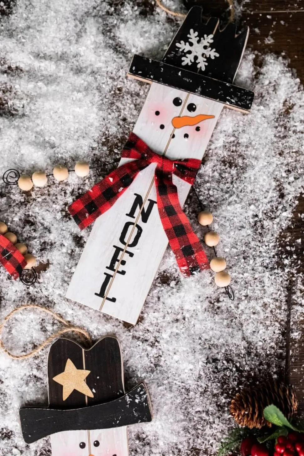 11.8” Wood Snowman with Buffalo Check Plaid Scarf Ornament