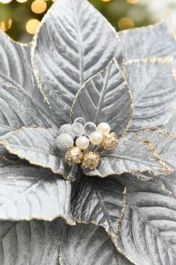 19" x 15" Blue & Grey Velvet Jewel Poinsettia Stem