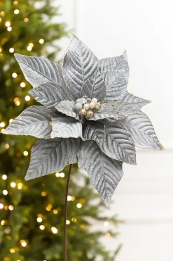 19" x 15" Blue & Grey Velvet Jewel Poinsettia Stem