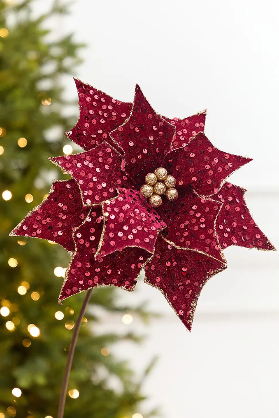 20" x 12" Burgundy Sequin Poinsettia Stem